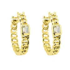 14K Yellow Gold - Cuban Link Baguette Diamond Hoop Earrings (0.08ct)