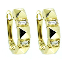 14K Yellow Gold - Bezel Set Baguette Cut Diamond Studded Hoop Earrings