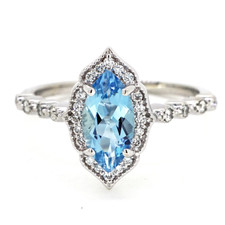 14K White Gold - 0.84ct - Marquise Cut Aquamarine Gemstone & Diamond Halo Fashion Ring (0.17ct)