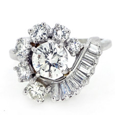18K White Gold - 1.40ctw - Vintage Round Diamond & Baguette Cut Halo Engagement Ring 