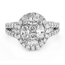 18K White Gold - Marquise & Round Cut Cluster Oval Halo Style Engagement Ring (1.52ct)