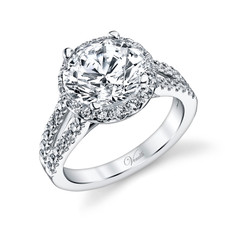 14K White Gold - Round Halo Split Shank Style Diamond Engagement Ring Setting (0.94ct)