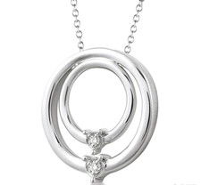 Sterling Silver - Two Stone Diamond Accented Double Ring Pendant & Chain