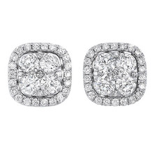 14K White Gold - Square Cushion Shaped Round Diamond Cluster Style Stud Earring (1.00ct)