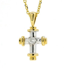 14K White & Yellow Gold - Mini Diamond Solitaire Cross Pendant & Chain