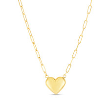 14K Yellow Gold - Puffed Heart Paper Clip Necklace - 18 inch