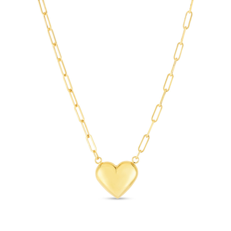 14K Yellow Gold - Puffed Heart Paper Clip Necklace - 18 inch