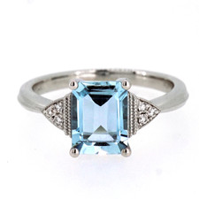14K White Gold - 8x6 Emerald Cut Aquamarine & Diamond Three Stone Style Fashion Ring