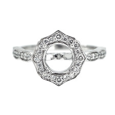 14K White Gold - Vintage Scalloped Diamond Halo Engagement Ring Setting (0.34ct)