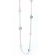 14K White Gold - 7mm Cultured Pearl & Shimmering Disc Stationed Necklace 