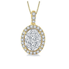 14K Yellow Gold - 1.00ct - Round Diamond Oval Shaped Love Bright Style Pendant & Chain 