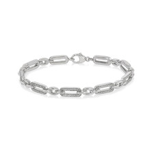 Sterling Silver - Diamond Accented Paper Clip Link Bracelet - 0.15ct