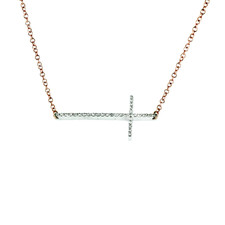 14K Rose Gold - Two Tone Side Ways Diamond Cross Necklace (0.08ct)