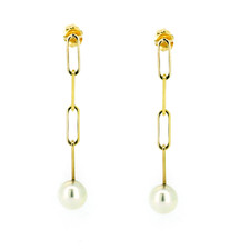 14K Yellow Gold - 7mm Cultured Pearl Dangling Italian Paper Clip Style Stud Earrings