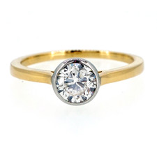 14K Yellow & White Gold - 0.81ct - Round Brilliant Cut Bezel Set Solitaire Engagement Ring