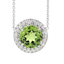 18K White Gold - 3.20ct - Round Peridot Double Diamond Halo Fashion Necklace (0.47ct)