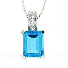 14K White Gold - 3.00ct - Emerald Cut Blue Topaz and Diamond Accented Bail Fashion Pendant & Chain (0.16ct)