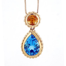 14K Yellow Gold - Pear Cut Blue Topaz & Citrine Beaded Fashion Pendant & Chain