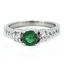 14K White Gold - 0.60ct - Round Emerald & Diamond Vintage Three Stone Ring (0.20ct)
