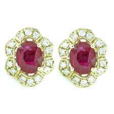 14K Yellow Gold - 0.61ct -- Oval Ruby & Diamond Vintage Style Stud Earrings