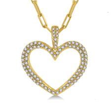 14K Yellow Gold - 0.50ct- Pave Set Diamond Heart Pendant & Paper Clip Chain