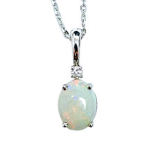14K White Gold - 8x6 - Oval Cut White Australian Opal & Diamond Pendant & Chain