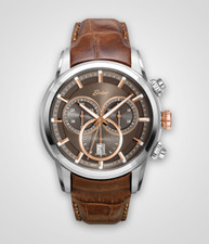  Mens EWJ Signature Chronograph Watch Steel Case, Brown Dial, Brown Leather