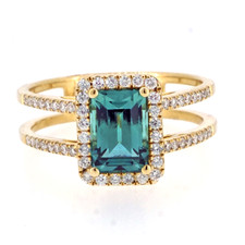 18K Yellow Gold - 1.29ct - Emerald Cut Teal Tourmaline & Diamond Split Shank Fashion Ring