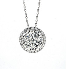14K White Gold - 1.08ct - Round Cluster Halo Diamond Fashion Necklace