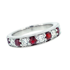 14K White Gold -  Bead Set Milgrain Edge Round Diamond & Ruby Alternating Band 