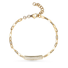 14K Yellow Gold - Round Diamond Pave Bar & Paper Clip Link Bracelet - 0.22ct
