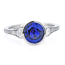 14K White Gold - 1.40ct Round Blue Sapphire Bezel Set Pear Diamond Accented Ring (0.32ct) 