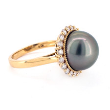 18K Yellow Gold - 11.5mm - Round Tahitian Pearl Diamond Halo Ring (0.46ct)