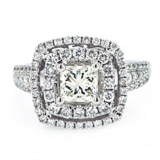 18K White Gold - 0.73ct - Princess Cut Round Diamond Double Square Halo Engagement Ring (0.71ct)