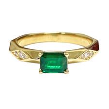 14K Yellow Gold - 0.64ct - Emerald & Diamond Accented Geometric Faceted Ring
