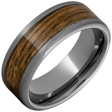 8MM - Gents Tunsten Flat Band with Bourbon Barrel Aged Wood Inlay and Stone Finish