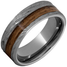 8MM - Gents Tunsten Flat Band with Off-Center Bourbon Barrel Aged Inlay and Bark Finish