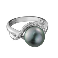 14K White Gold - 10mm Tahitian Pearl & Diamond Swirl Halo Fashion Ring (0.21ct)