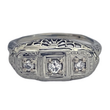 14K White Gold - Vintage Filigree Style Three Stone Diamond Ring 