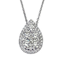 14K White Gold - 0.87ct - Round Diamond Pear Shaped Cluster Diamond Pendant & Chain