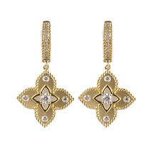 14K Yellow Gold - 0.33ct - Satin Finished Diamond Accented Dangling Clover Earrings