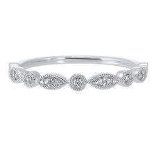 14K White Gold -  0.10ct, Vintage Scalloped Milgrain Diamond Stackable Wedding Band