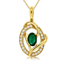 14K Yellow Gold - 0.44ct - Oval Cut Emerald Gemstone & Diamond Love Knot Pendant & Chain (0.17ct)