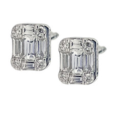 18K White Gold - 0.37ct - Round & Baguette - Emerald Cut Diamond Cluster Stud Earrings