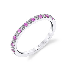 14K White Gold - Designer Sylvie: Classic Round Cut Diamond & Pink Sapphire Gemstone Band 