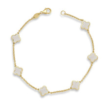 14K Yellow Gold - Italian Made Mother of Pearl Slice Clover Link Bracelet