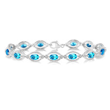 Sterling Silver-  Oval Cut Blue & Diamond Link Style Fashion Bracelet