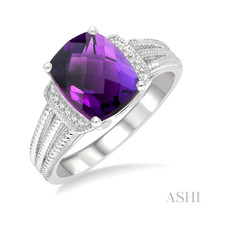 Sterling Silver - 10 x 8 Checkerboard Cut Amethyst & Diamond Fashion Ring