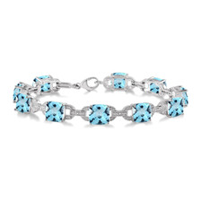 Sterling Silver-  7mm Cushion Cut Blue Topaz & Diamond Link Style Fashion Bracelet