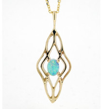 14K Yellow Gold - Vintage Filigree Style Oval Opal Pendant & Chain